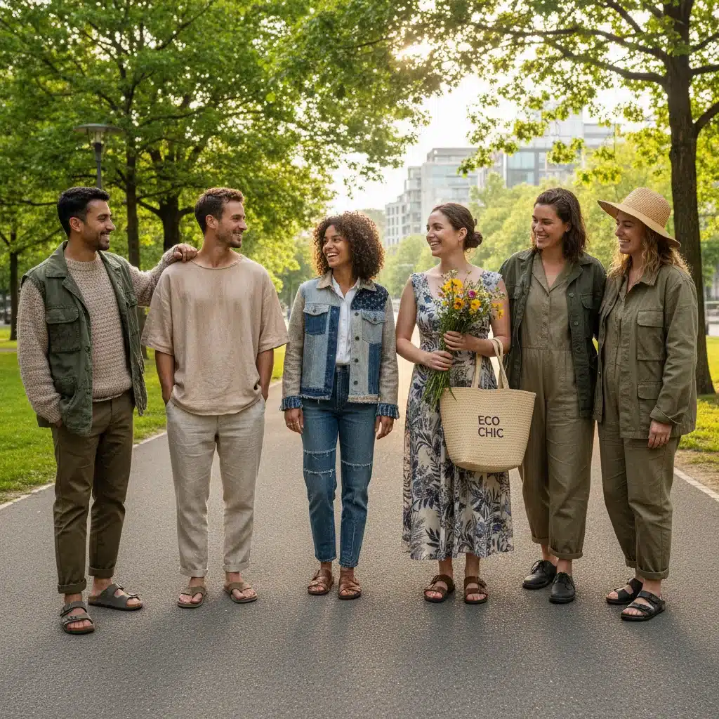 Diverse individuals embracing sustainable and eco-friendly street fashion.