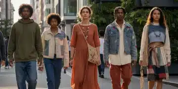 Diverse individuals wearing sustainable street style on a city street, showcasing eco-friendly fashion.