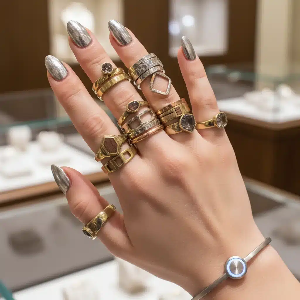 Close-up of a hand showcasing sustainable, chunky rings and a tech-integrated bracelet, reflecting 2026 jewelry trends.