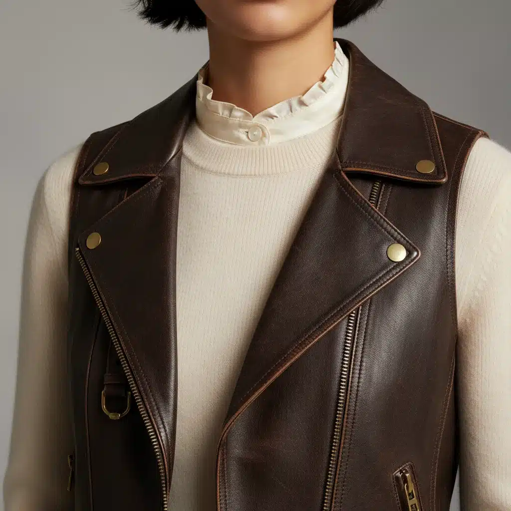 Close-up of a layered outfit showcasing diverse textures like cashmere, leather, and silk for a rich aesthetic.