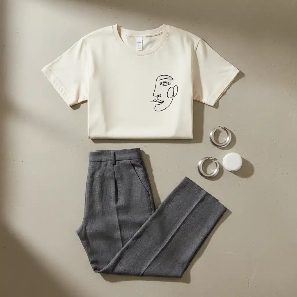 Flat lay of graphic t-shirt, wide-leg trousers, and hoop earrings for budget street style.
