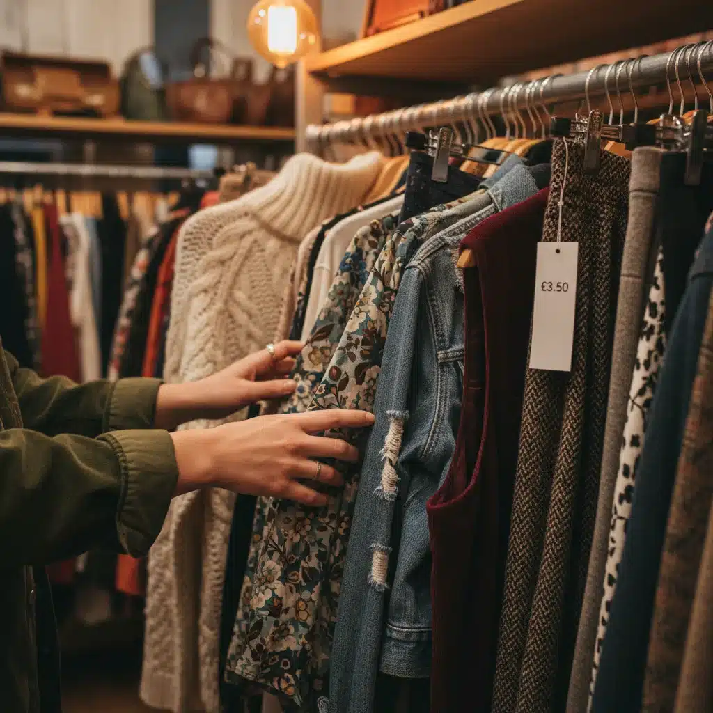 Hands browsing thrift store rack for quality clothing on a budget