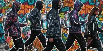 Diverse models in vibrant, cutting-edge streetwear against a graffiti wall, representing urban fashion trends.