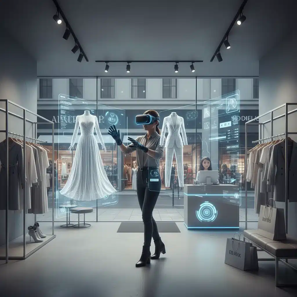 Consumer experiencing immersive virtual reality fashion retail.