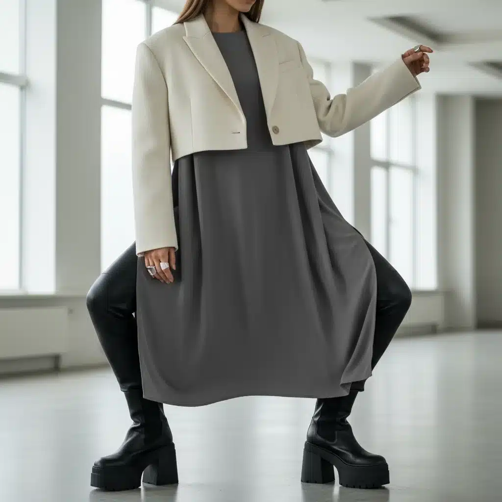 Model demonstrating proportion play with an elongated tunic, cropped jacket, and slim trousers for dynamic layering.