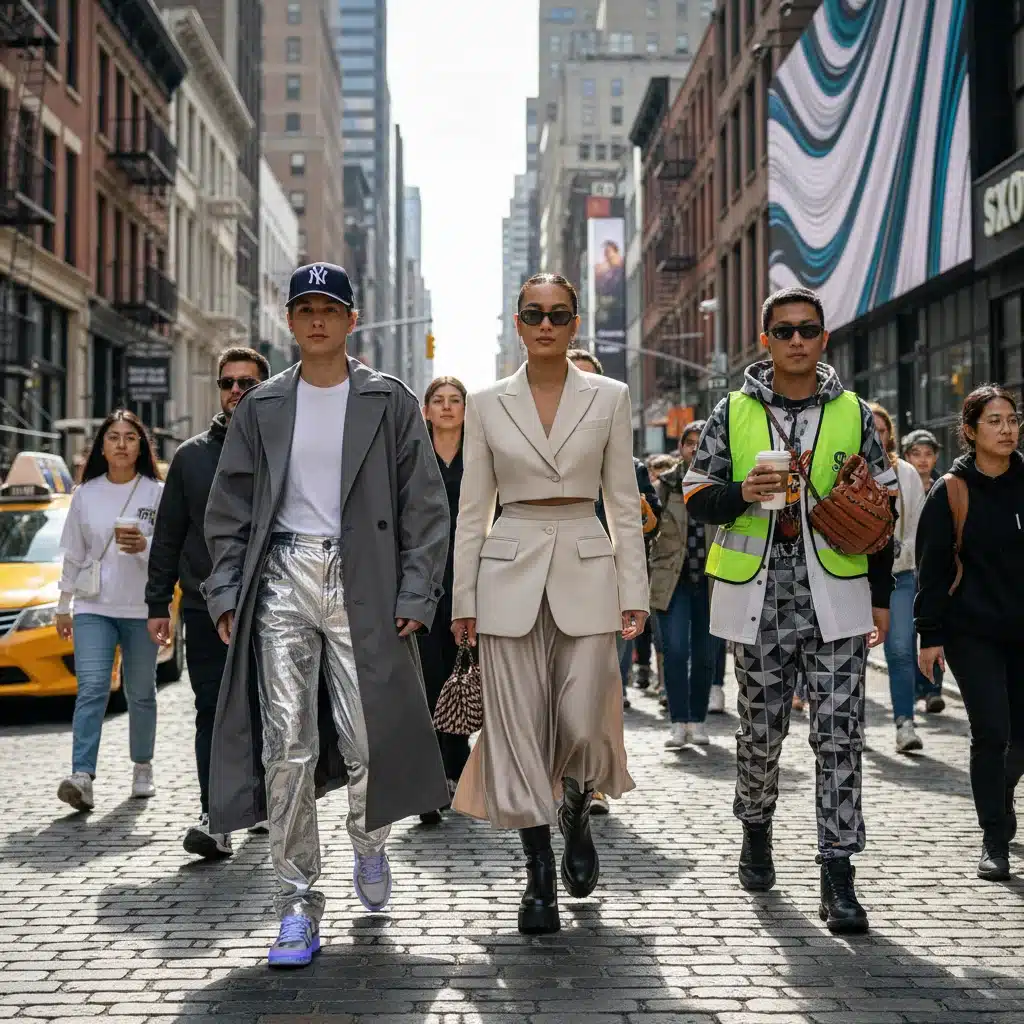 Street style in U.S. city showing adapted global fashion trends, blending diverse aesthetics.