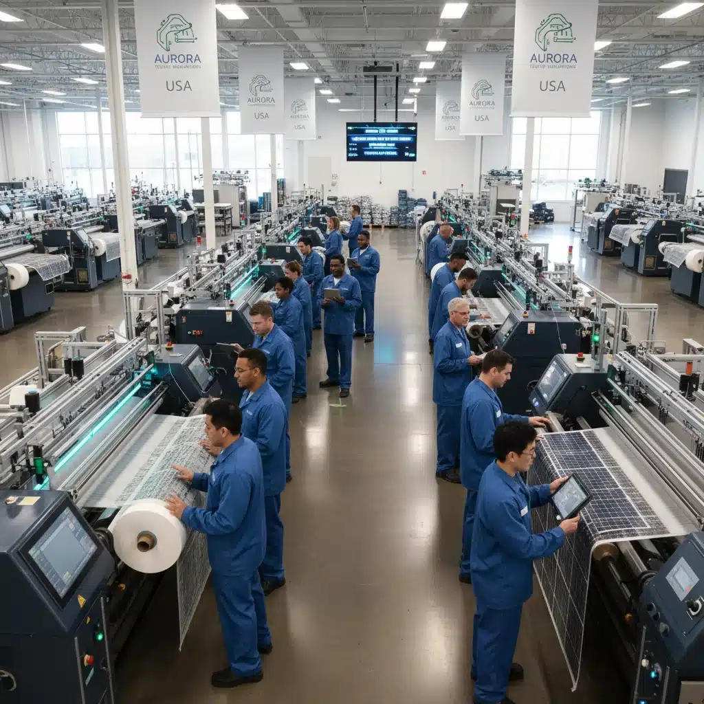 Modern US textile factory with workers operating advanced machinery for innovative fabric production.