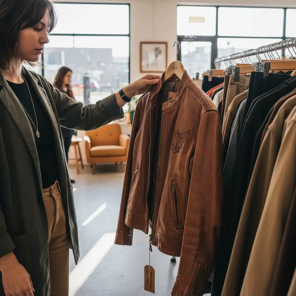 Detailed view of a person inspecting a vintage leather jacket in a thrift store.