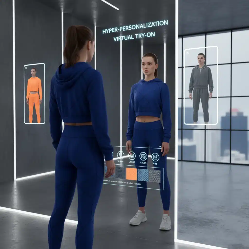 Person using augmented reality smart mirror for virtual athleisure try-on