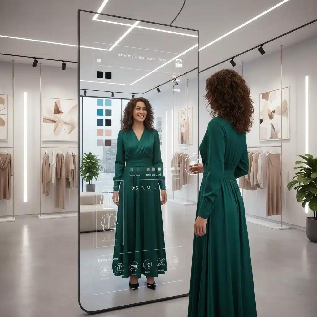 Customer using a smart mirror for virtual try-on in a fashion store