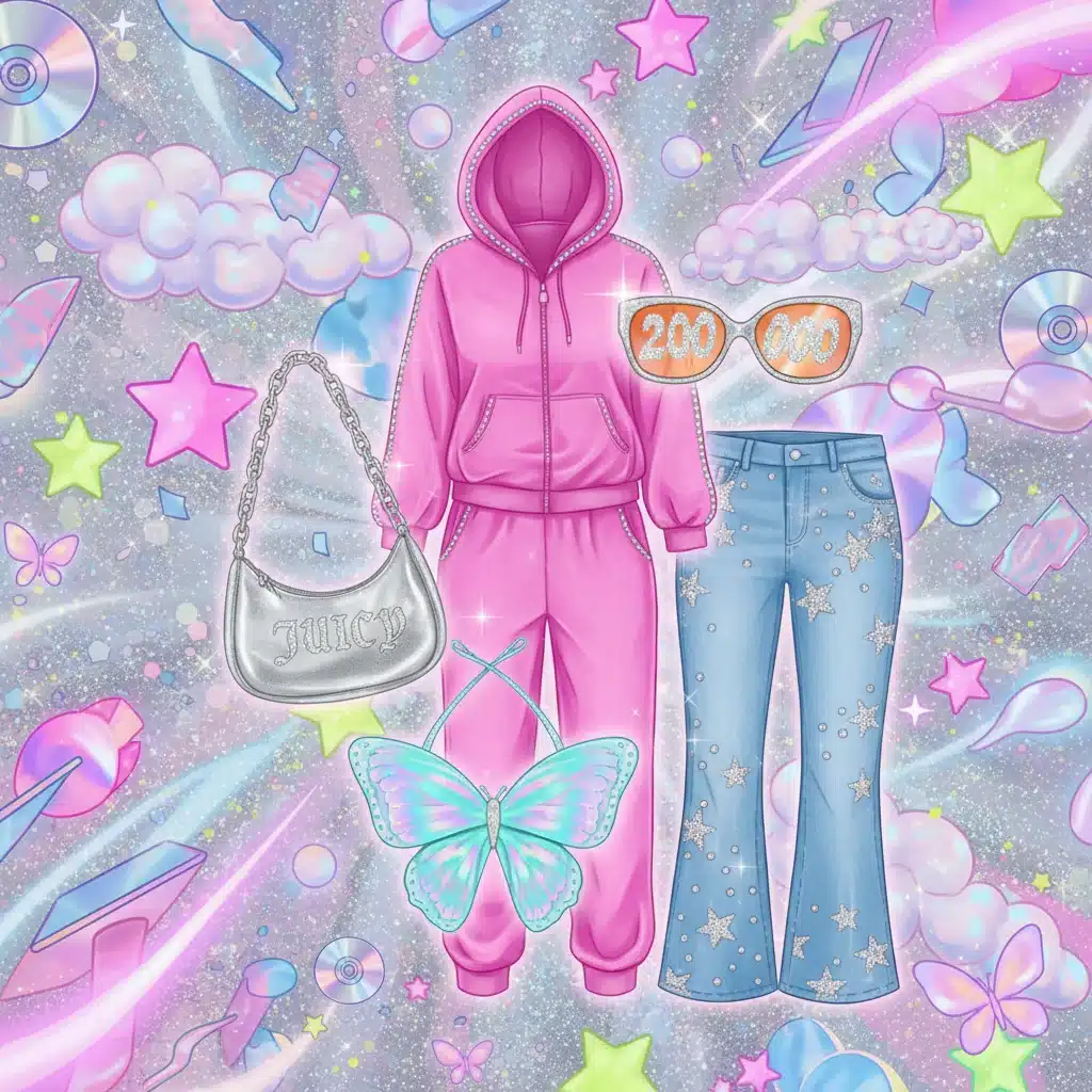 Digital illustration of early 2000s Y2K fashion: velour tracksuit, baguette bag