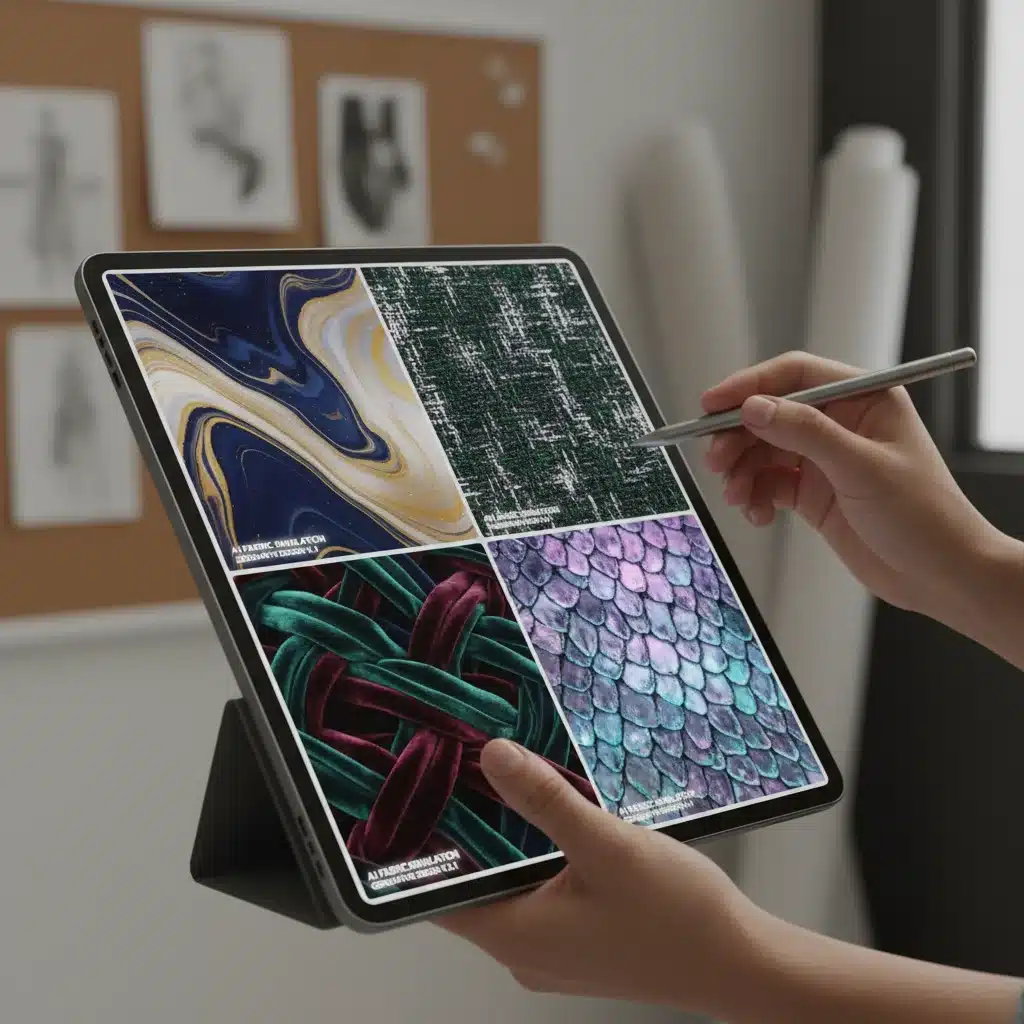 Designer reviewing AI-generated fabric patterns on a tablet