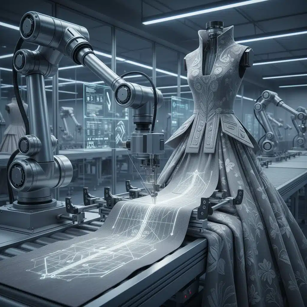 Robotic arm performing intricate garment stitching in a factory