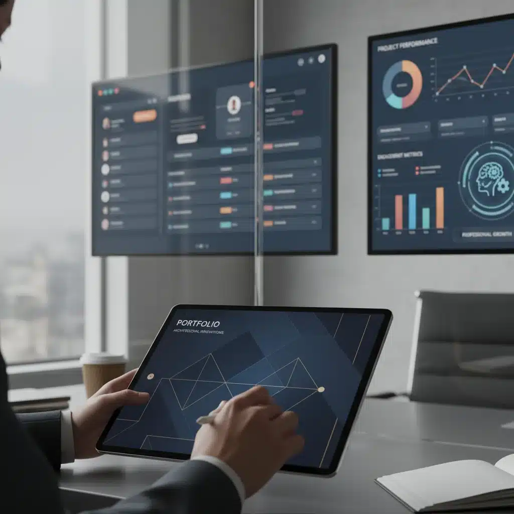 Designer interacting with a digital portfolio platform, showing collaboration features.