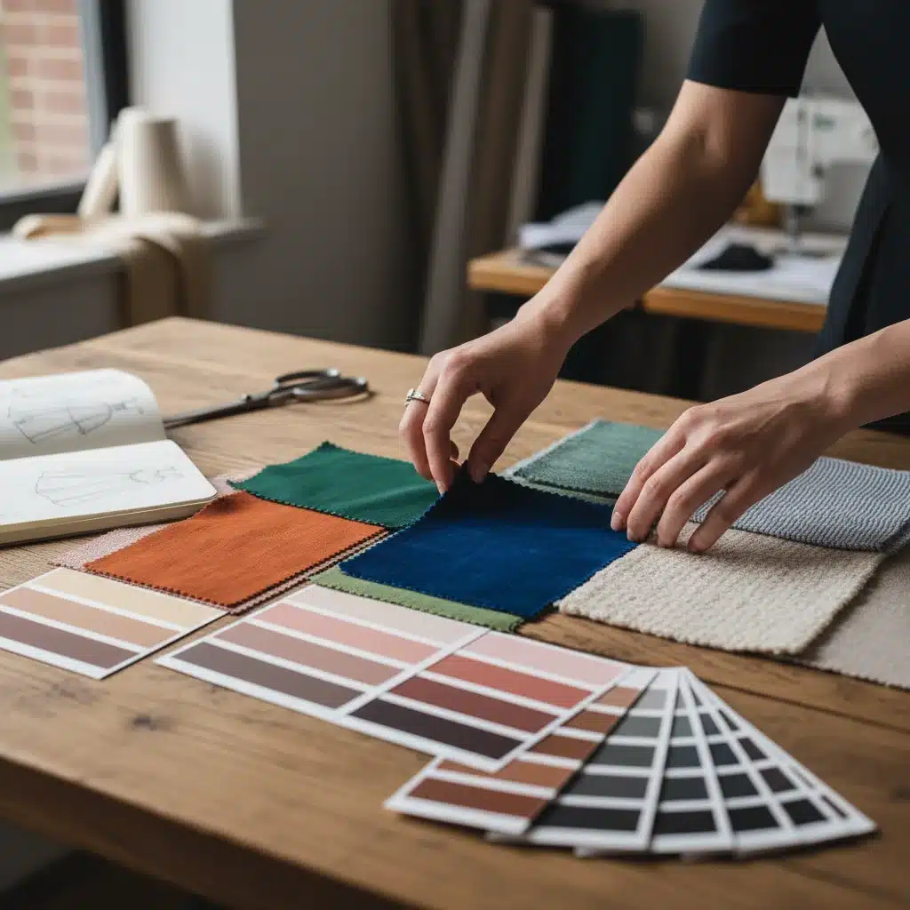 Designer's hands arranging fabric swatches and color palettes.