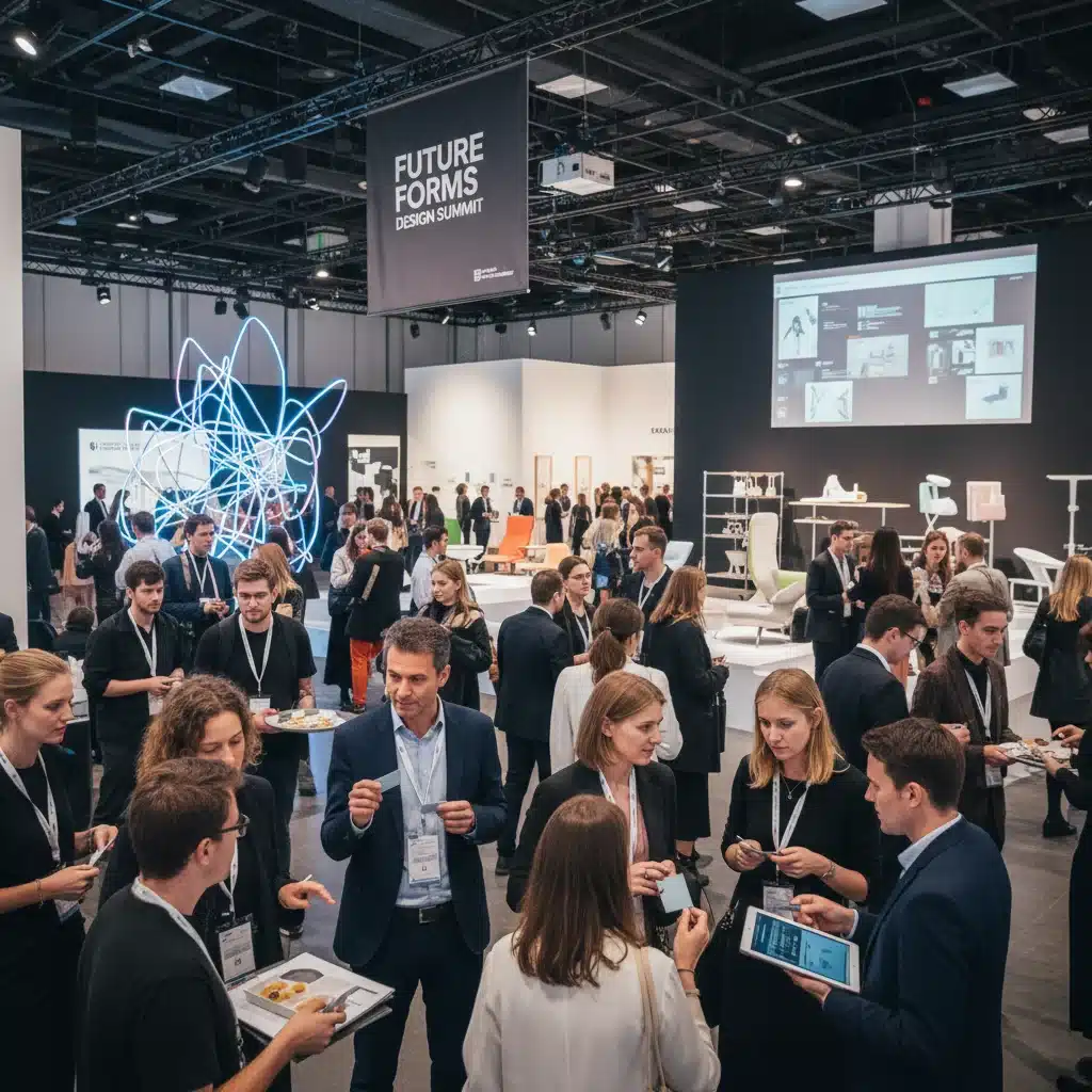 Designers and industry professionals networking at a creative event.