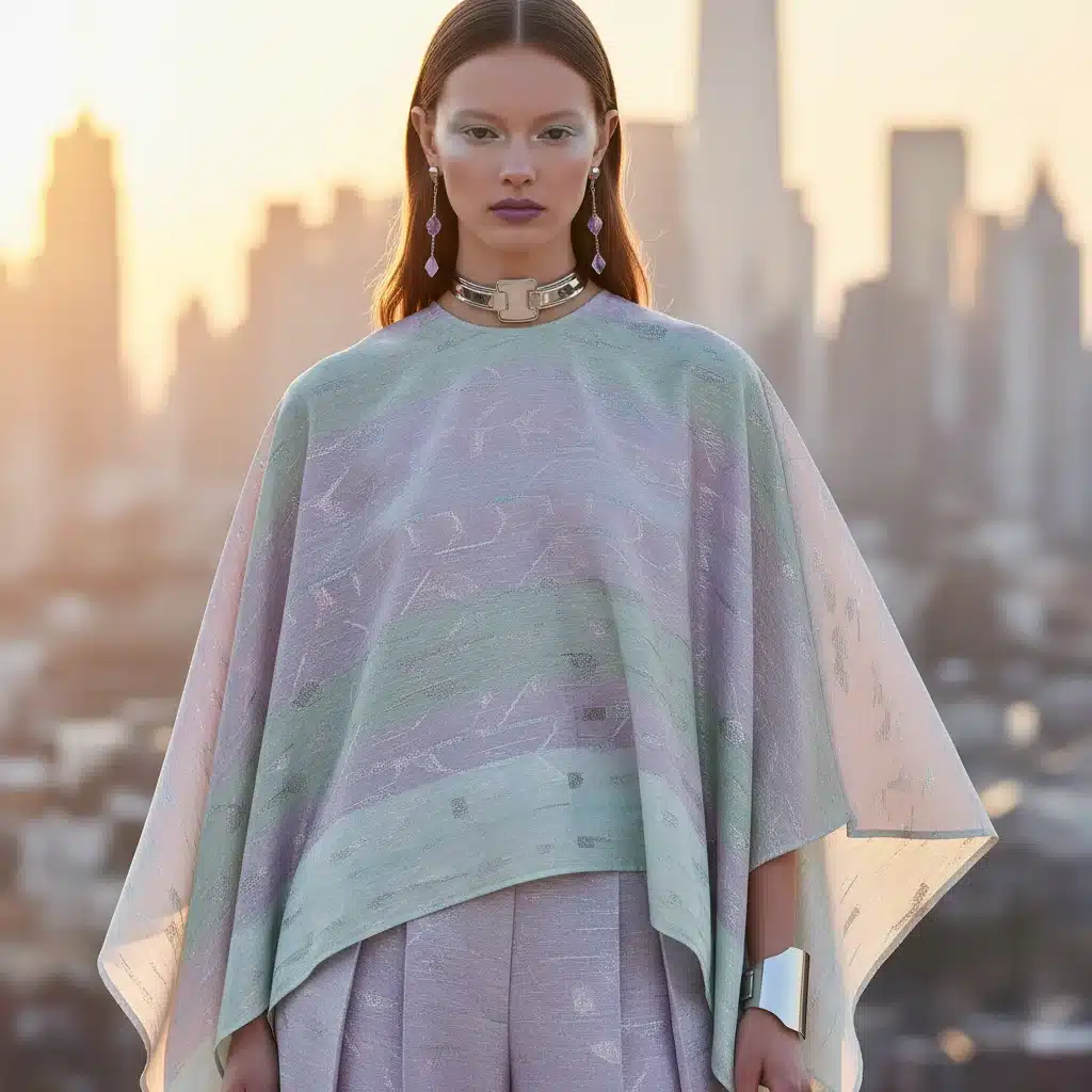 Model showcasing 'Digital Dawn' color palette with lavender, mint, and silver in a chic urban setting.