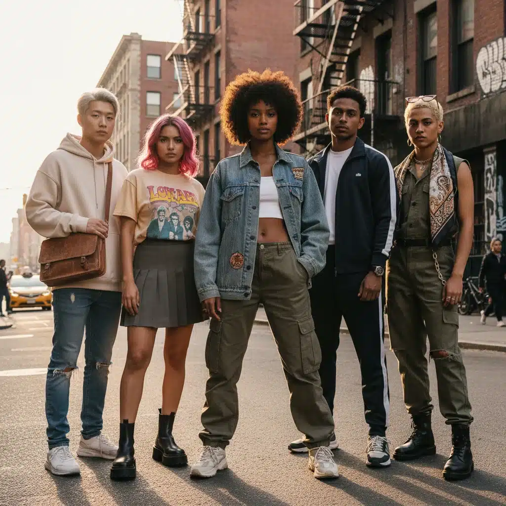 Group of diverse individuals demonstrating different ways to style single vintage pieces in street fashion.