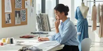 Emerging designer sketching in a studio, surrounded by design materials.