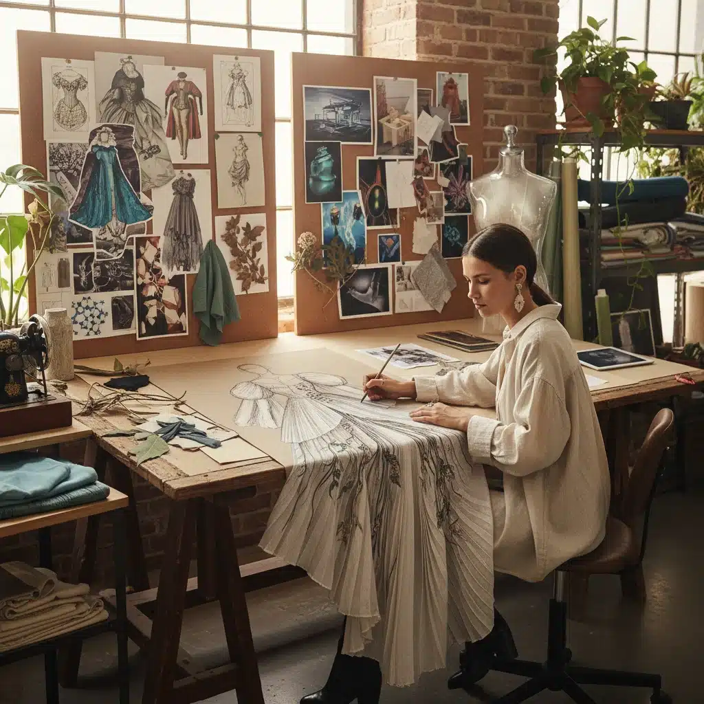 Fashion designer sketching haute couture garment, blending traditional design with modern innovation