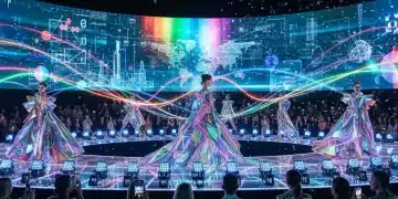 Futuristic fashion runway with models and digital projections at 2026 High Fashion Week, showcasing global reach.