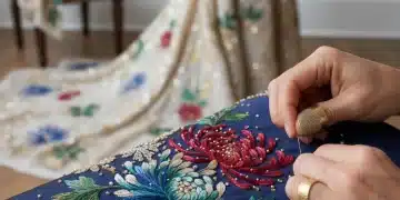 Intricate hand embroidery on silk fabric, symbolizing high fashion craftsmanship revival
