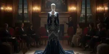 Elegant vintage haute couture gown on display at a high fashion auction.