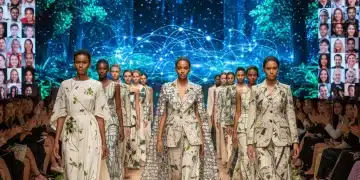 High fashion models on a runway with sustainable design elements, symbolizing social impact and ethical luxury.