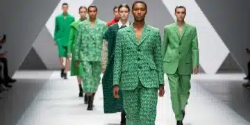 Models on a runway showcasing innovative clothing from emerging designers, featuring bold green textiles and experimental silhouettes in a bright, modern setting, symbolizing new fashion trends.