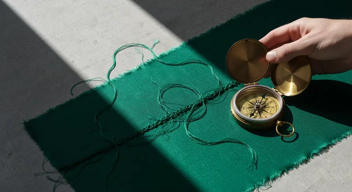 A hand unraveling emerald green silk next to a tarnished brass compass, symbolizing fashion's shift towards transparency and circularity.