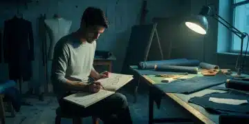 An independent fashion designer sketching in a cluttered studio, surrounded by fabrics and patterns, under dramatic directional lighting.