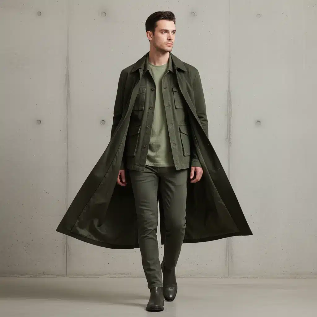 Individual demonstrating monochromatic layering in various shades of olive green, creating depth and sophistication.