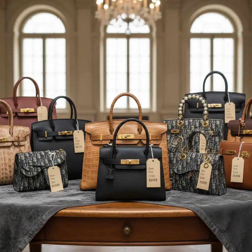 Collection of rare designer handbags on display at a luxury fashion auction.