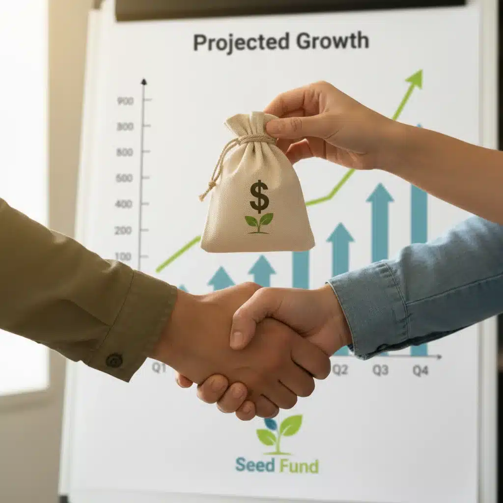 Seed funding exchange with growth chart background, symbolizing early-stage investment for designers.