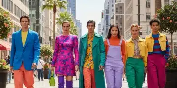 Vibrant street style fashion with unexpected color palettes for Spring 2026 in a bustling US city.