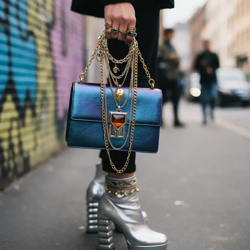 Close-up of street style accessories, including layered jewelry, unique handbag, and statement shoes.