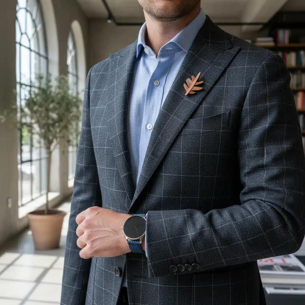 Man in sustainable tailored suit with modern accessories
