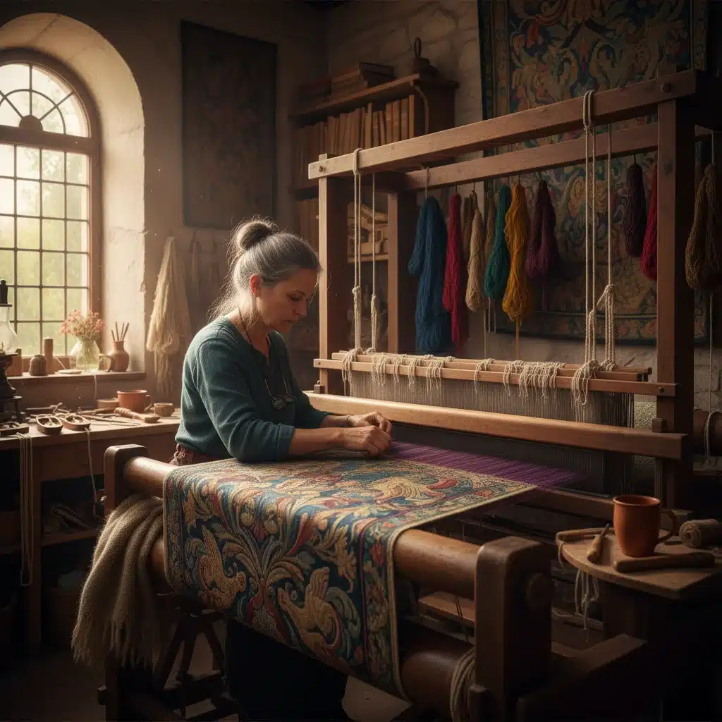 Artisan weaving intricate tapestry on traditional loom, representing heritage textile techniques