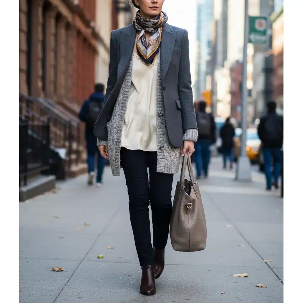 Stylish person showcasing texture play layering with silk, knit, and wool in a street style setting.