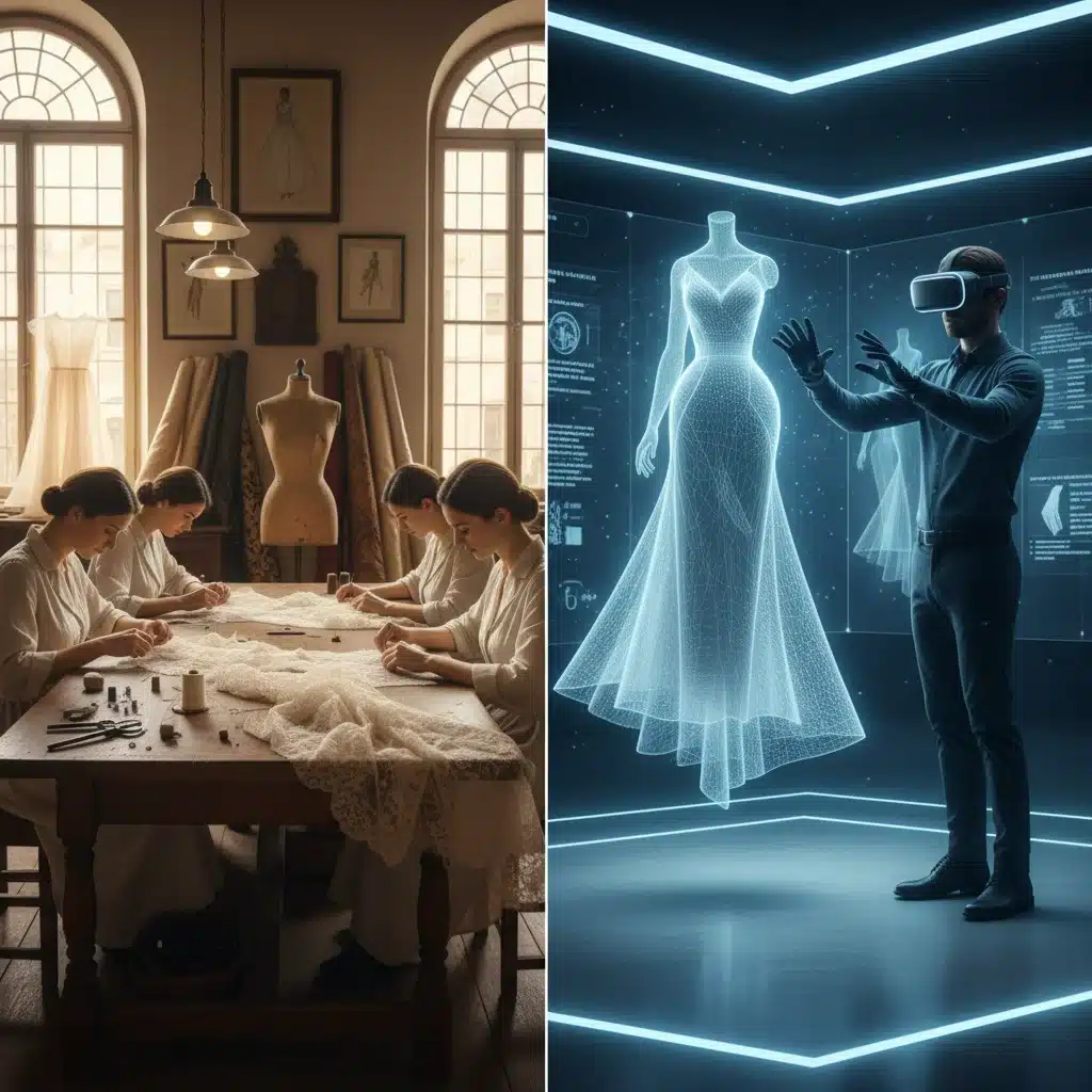 Contrast between traditional atelier craftsmanship and digital fashion design with VR headset.