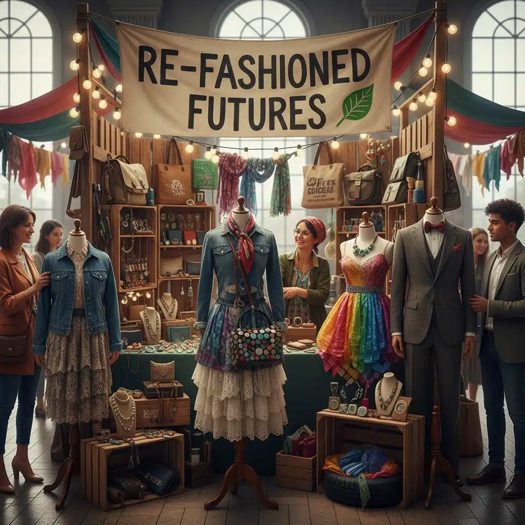 Indoor market with diverse upcycled clothing and accessories