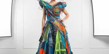 Model in unique upcycled fashion garment, showcasing sustainable style and innovation