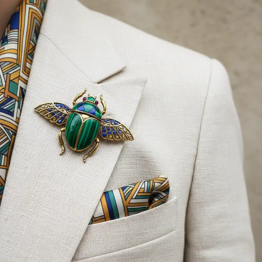 Close-up of a vintage accessory, a statement brooch, adding character to a modern outfit.