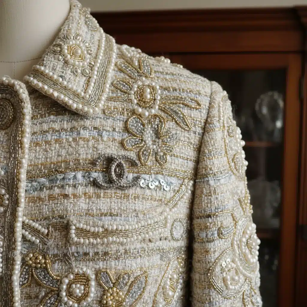 Detailed embroidery on a rare vintage Chanel jacket at auction.