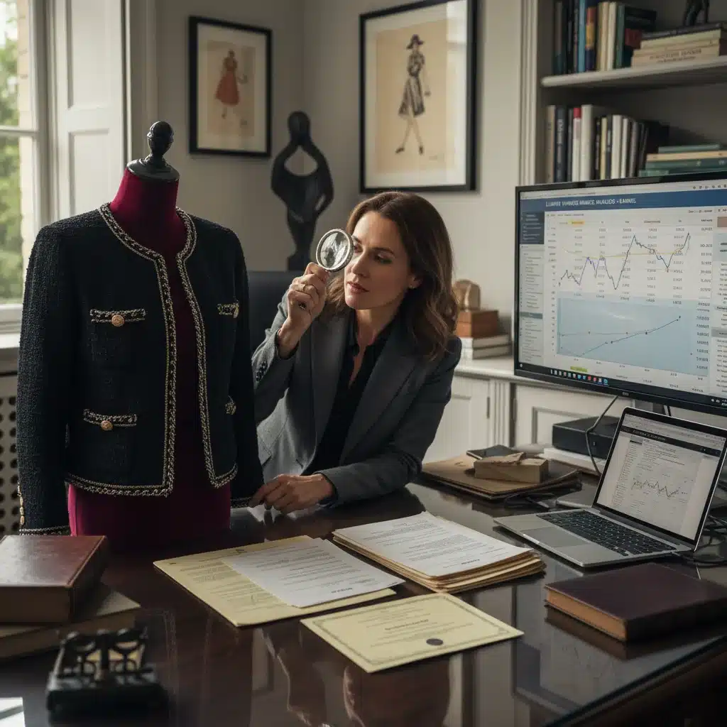 Expert appraiser authenticating and valuing a vintage luxury fashion item