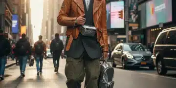 Stylish individual in a modern street style outfit featuring a classic vintage leather jacket.