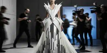 Supermodel in avant-garde 2026 high fashion gown on set