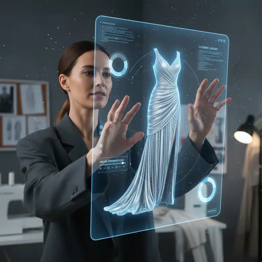 Designer using holographic display for AI-driven fashion design.