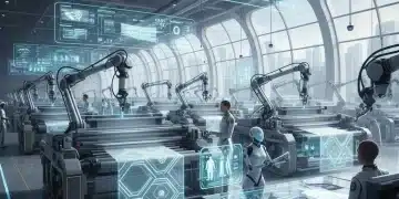 AI-driven textile manufacturing in a futuristic factory setting