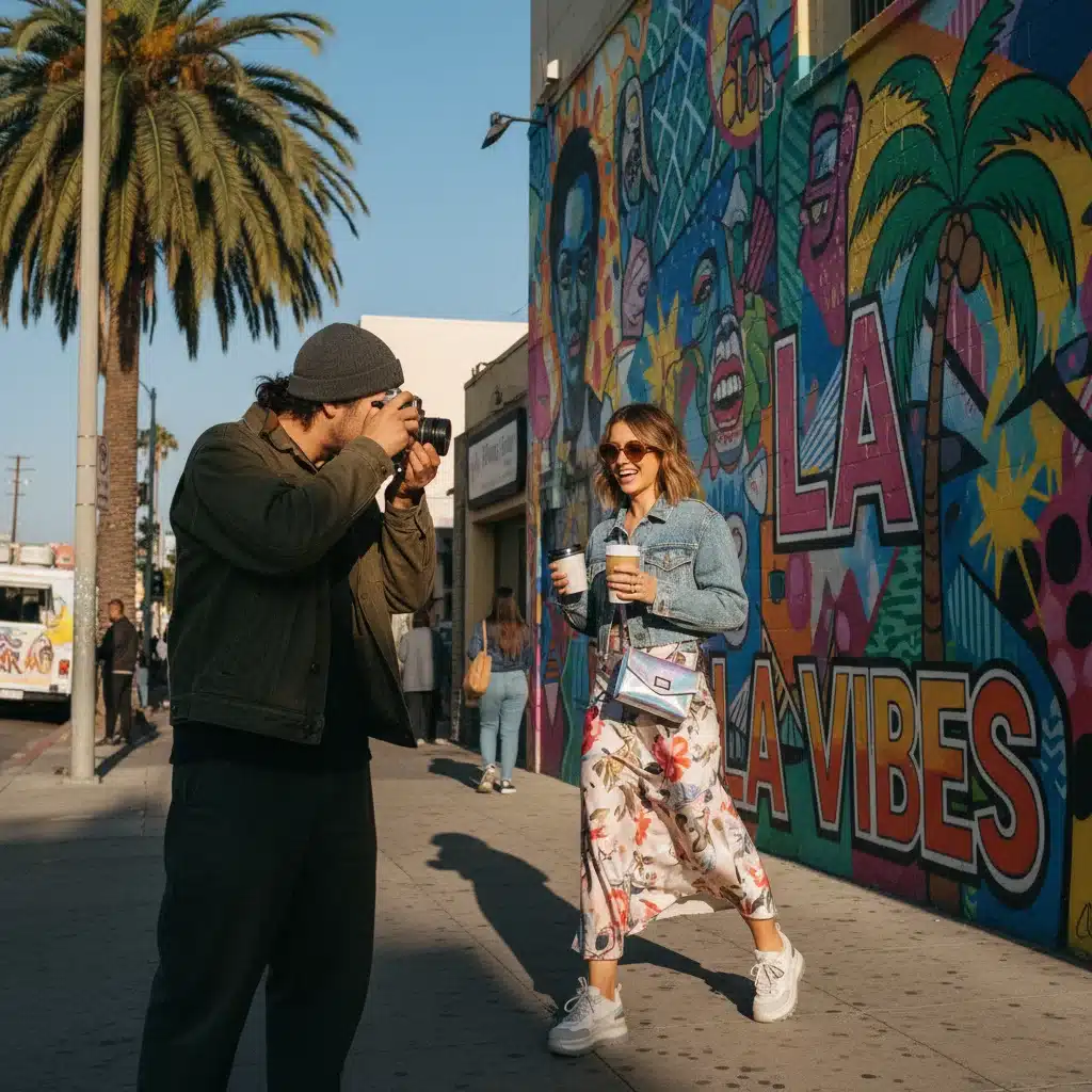 Photographer capturing candid street fashion against a vibrant Los Angeles mural, focusing on modern and vintage clothing.